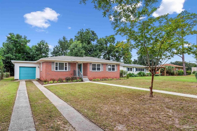 single story home featuring a front yard and a garage