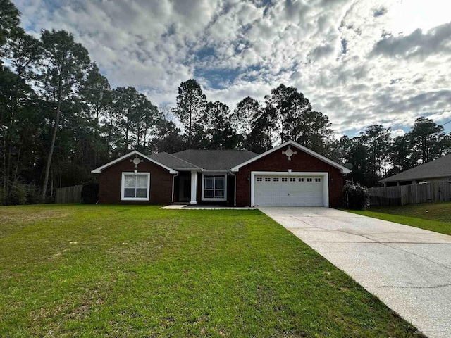 ranch-style house with a garage, fence, a front lawn, and concrete driveway