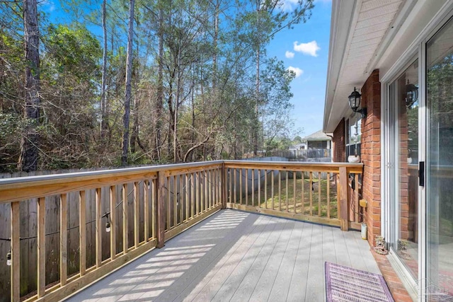 wooden terrace featuring fence