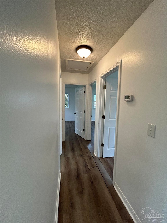 hallway featuring a textured ceiling and dark hardwood / wood-style floors