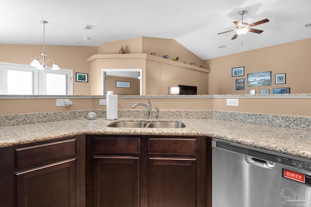 kitchen featuring a sink, dark brown cabinetry, vaulted ceiling, dishwasher, and ceiling fan with notable chandelier