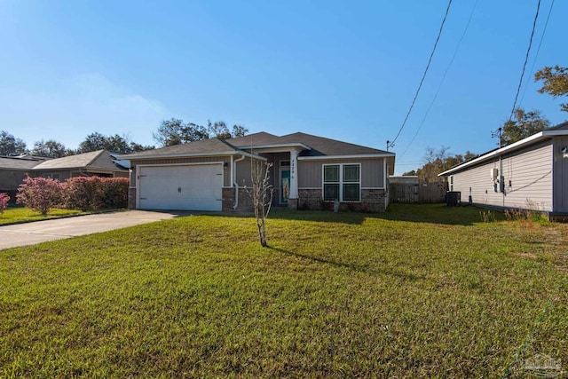 view of front facade featuring brick siding, central air condition unit, concrete driveway, a front yard, and an attached garage