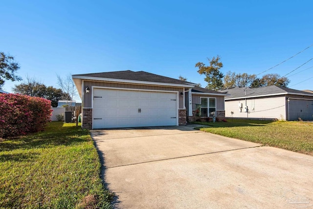 single story home featuring brick siding, concrete driveway, central AC, a front yard, and a garage