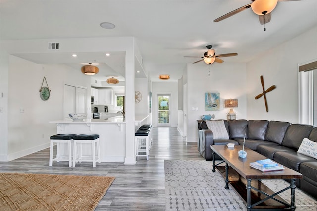 living room featuring ceiling fan, hardwood / wood-style floors, and sink