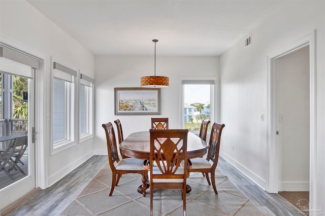 dining space featuring a wealth of natural light and hardwood / wood-style floors