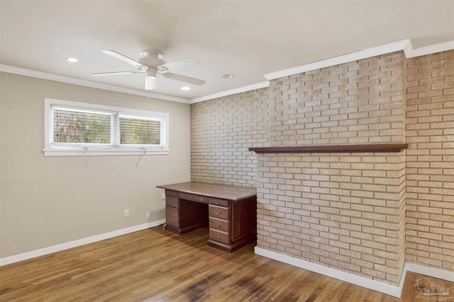 1001 E Bobe St, Pensacola, FL 32503 - interior space featuring crown molding, a ceiling fan, brick wall, and wood finished floors