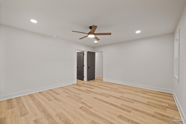 unfurnished room featuring recessed lighting, light wood-style floors, and a ceiling fan