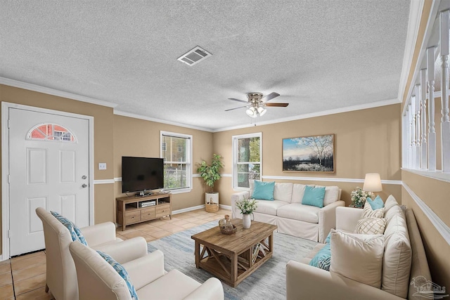 tiled living room featuring a textured ceiling, crown molding, and ceiling fan