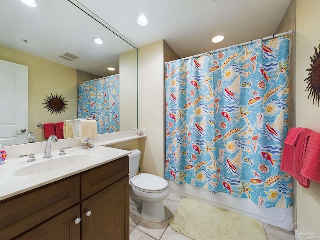 full bathroom featuring tile patterned floors, shower / bathtub combination with curtain, toilet, recessed lighting, and vanity