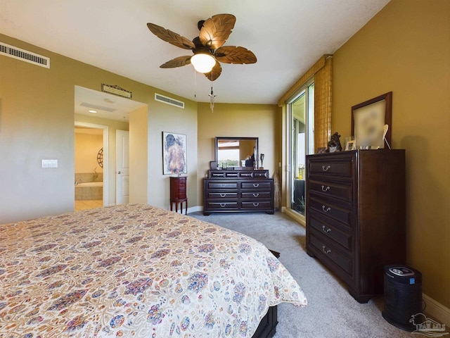 bedroom featuring visible vents, light carpet, baseboards, and a ceiling fan