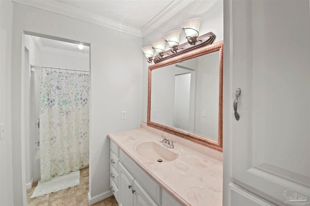 bathroom with curtained shower, vanity, tile patterned floors, and crown molding