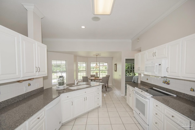 3221 Cobblestone Dr, Pace, FL 32571 - kitchen featuring white appliances, a sink, ornamental molding, light tile patterned floors, and backsplash