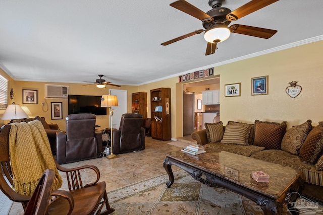 living room featuring light tile patterned floors, ceiling fan, ornamental molding, and a wall mounted AC