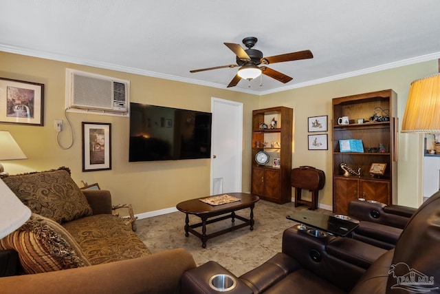 living room with baseboards, a wall unit AC, a ceiling fan, and crown molding