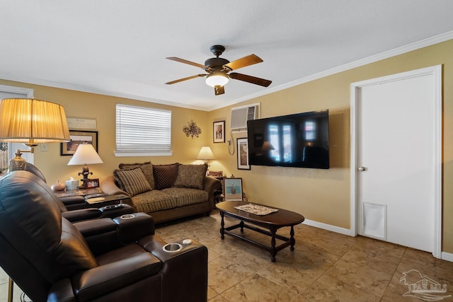 living room featuring baseboards, a ceiling fan, and crown molding