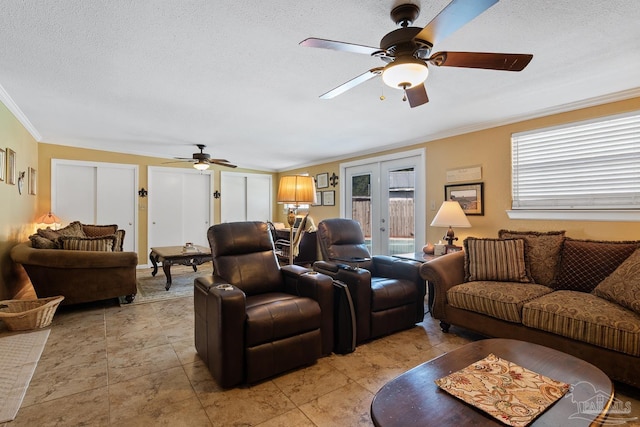 living room featuring a textured ceiling, french doors, a ceiling fan, and crown molding