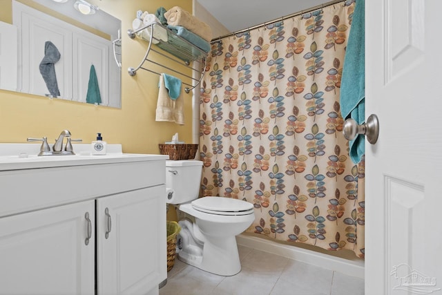 full bathroom with toilet, tile patterned flooring, vanity, and a shower with shower curtain