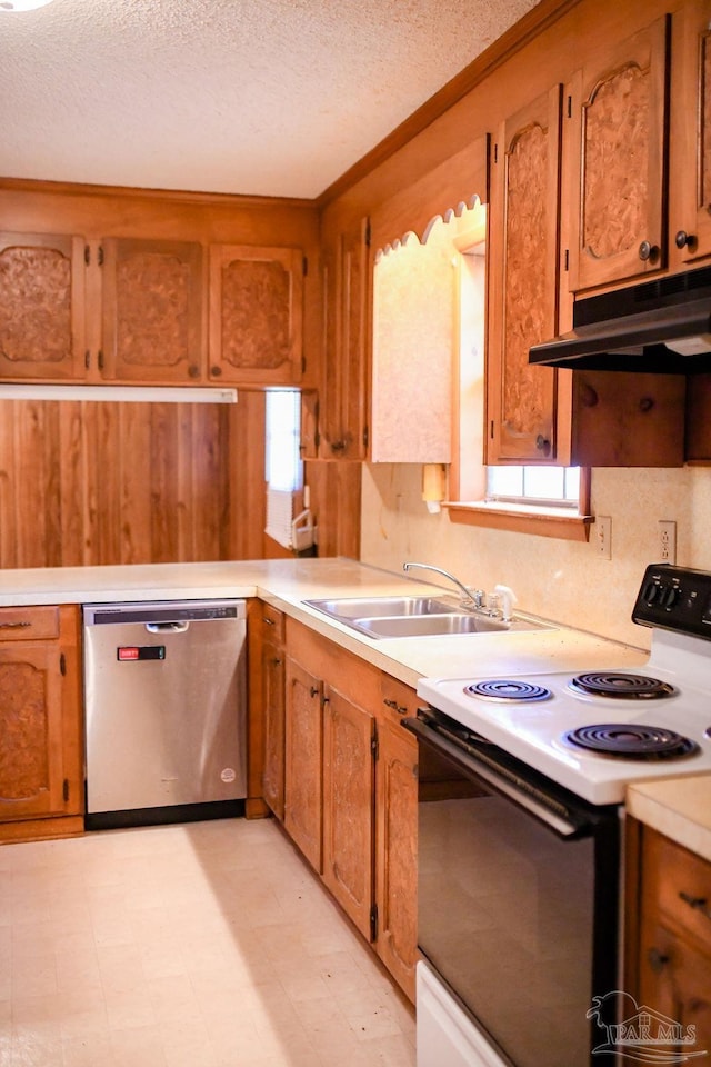 kitchen featuring dishwasher, a textured ceiling, white electric range oven, and sink