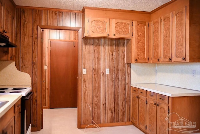 kitchen with wood walls, electric stove, and a textured ceiling