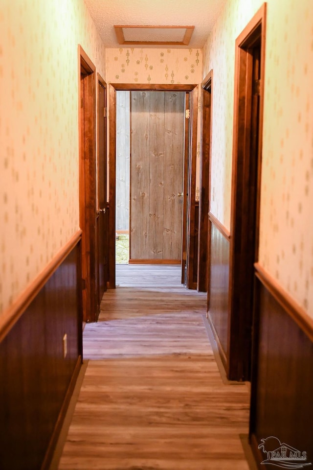 hallway featuring a textured ceiling and light hardwood / wood-style flooring