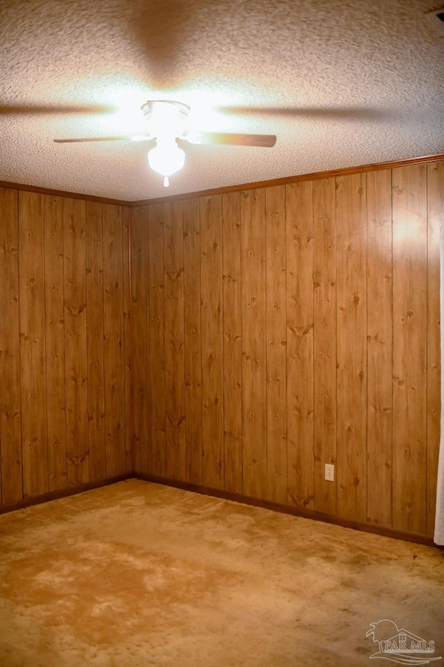 spare room with wood walls, carpet floors, and a textured ceiling