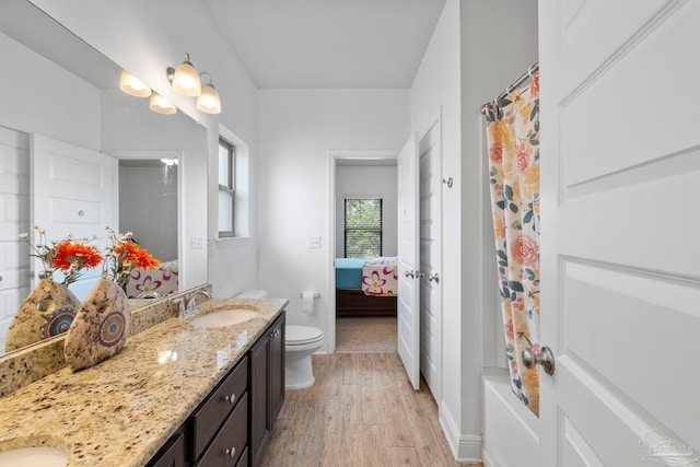 ensuite bathroom with toilet, a sink, wood finished floors, connected bathroom, and double vanity