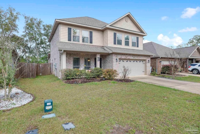 view of front of property featuring fence, driveway, an attached garage, a front lawn, and brick siding