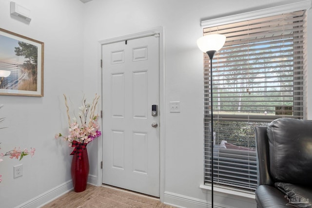 foyer with plenty of natural light, baseboards, and wood finished floors