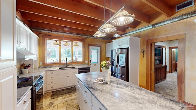 kitchen featuring white cabinetry, wooden ceiling, stainless steel fridge with ice dispenser, beamed ceiling, and range with electric stovetop