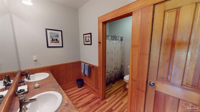 bathroom featuring toilet, wood-type flooring, and dual bowl vanity