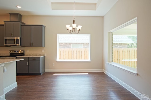 kitchen featuring decorative light fixtures, an inviting chandelier, stainless steel appliances, and dark wood-style floors