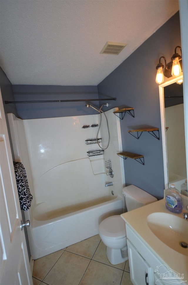 bathroom with tile patterned flooring, bathtub / shower combination, toilet, and visible vents
