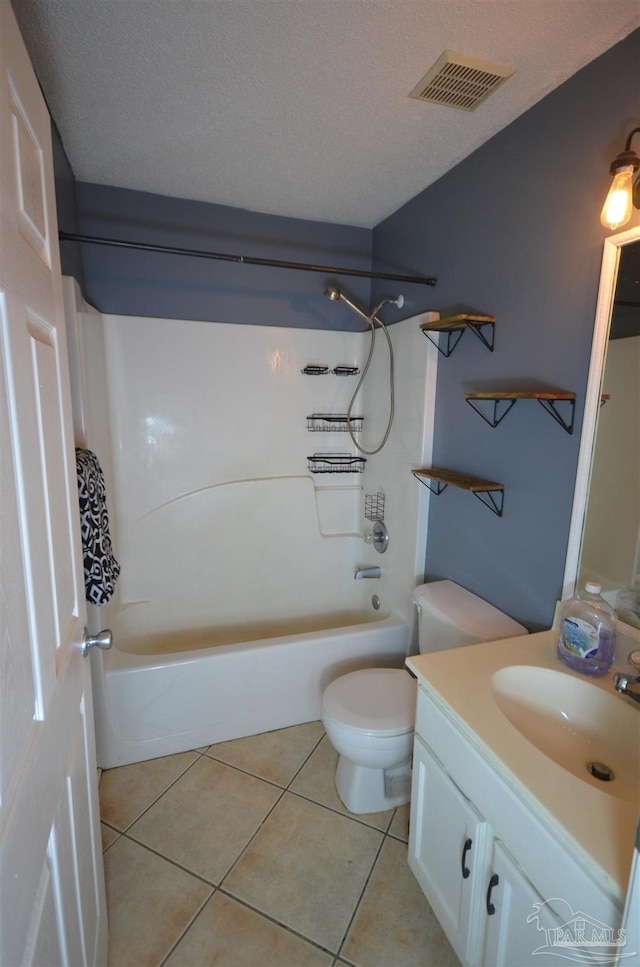 bathroom featuring shower / bath combination, visible vents, tile patterned flooring, vanity, and toilet