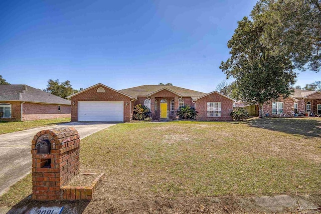 ranch-style house featuring driveway, brick siding, an attached garage, and a front yard