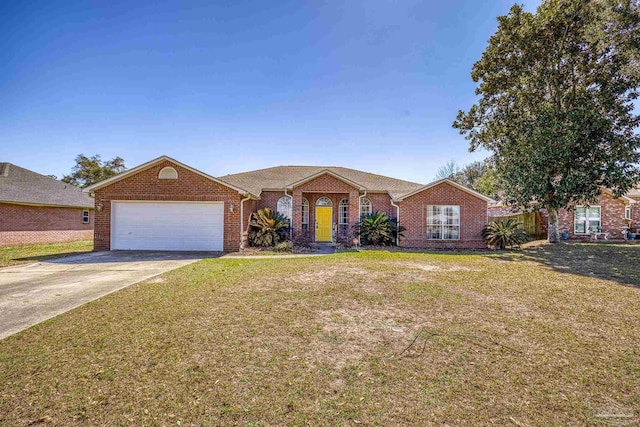 ranch-style home featuring driveway, an attached garage, a front lawn, and brick siding