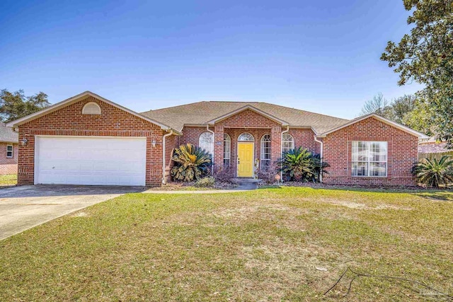 ranch-style house with concrete driveway, brick siding, an attached garage, and a front lawn