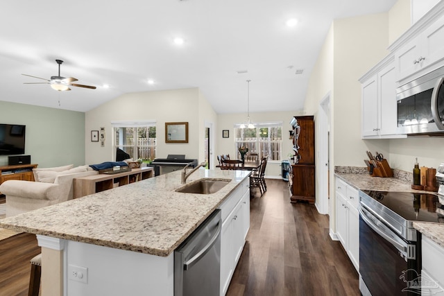 kitchen with dark wood-type flooring, a kitchen island with sink, a sink, stainless steel appliances, and lofted ceiling