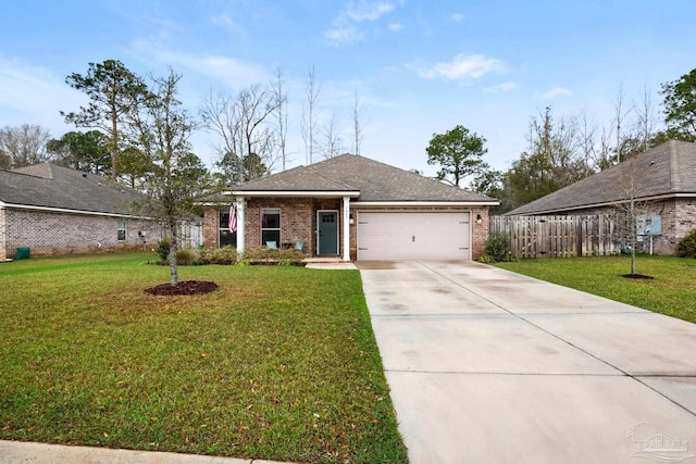 ranch-style home featuring brick siding, an attached garage, concrete driveway, and a front lawn