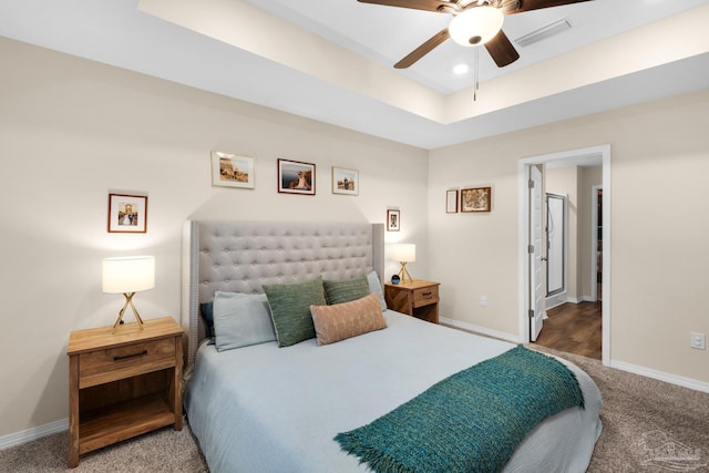 carpeted bedroom with recessed lighting, visible vents, baseboards, and a ceiling fan