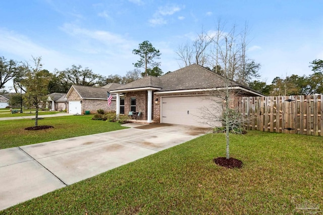 ranch-style house with brick siding, a front lawn, fence, concrete driveway, and a garage