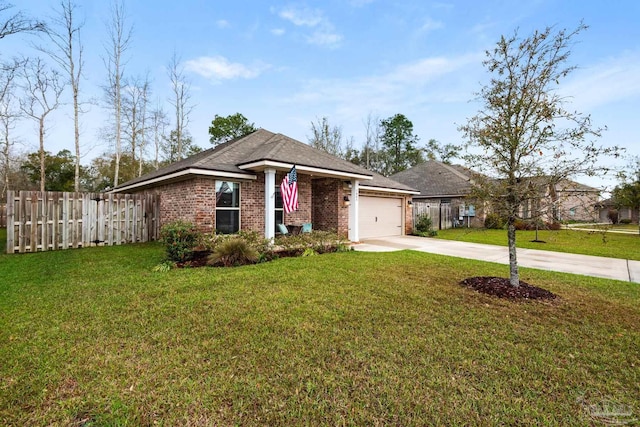 ranch-style home with brick siding, concrete driveway, a front lawn, and fence