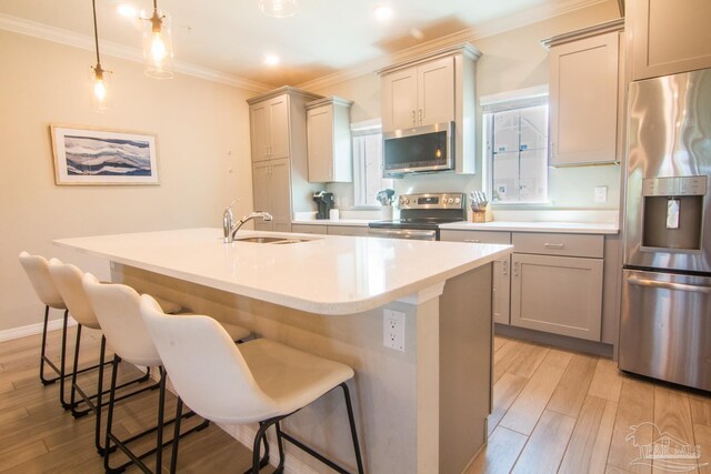 kitchen featuring light hardwood / wood-style flooring, a kitchen island with sink, stainless steel appliances, and hanging light fixtures