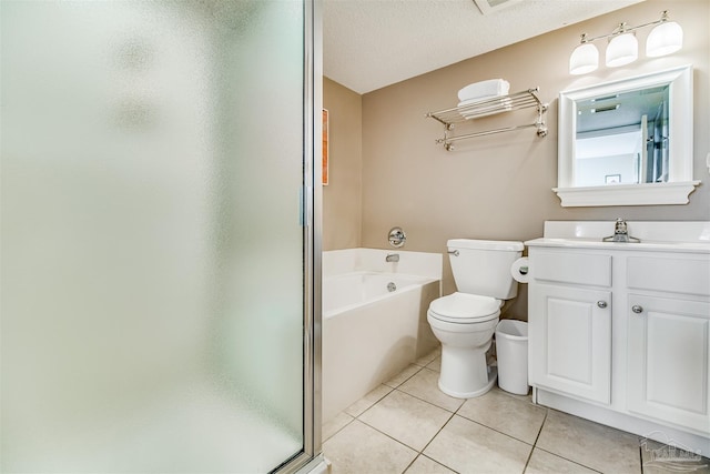 full bath featuring toilet, vanity, a shower stall, tile patterned flooring, and a bath