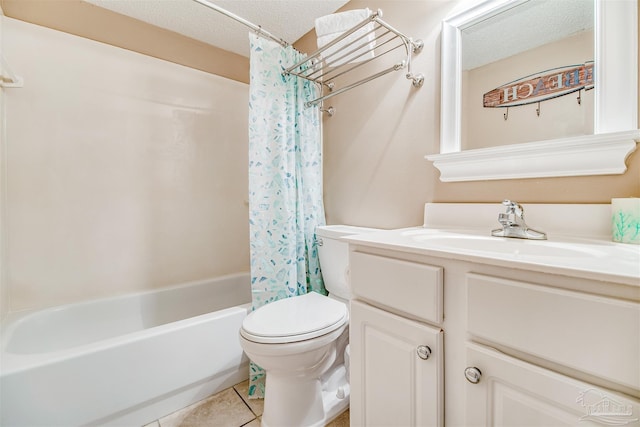 full bath featuring a textured ceiling, tile patterned flooring, toilet, and shower / bathtub combination with curtain