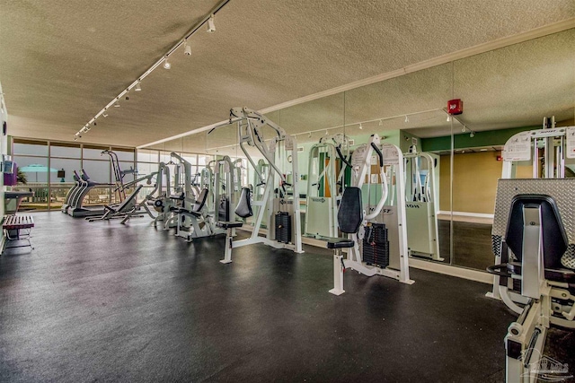 exercise room featuring a textured ceiling and track lighting