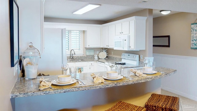 kitchen featuring stove, white microwave, wainscoting, a sink, and light stone countertops