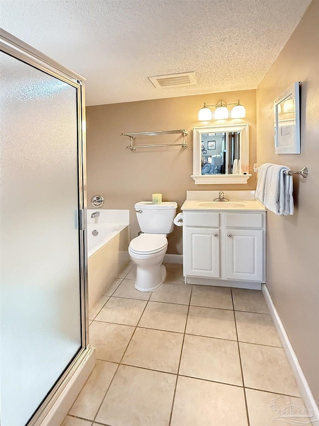 full bath with visible vents, tile patterned floors, a textured ceiling, a shower stall, and a bath