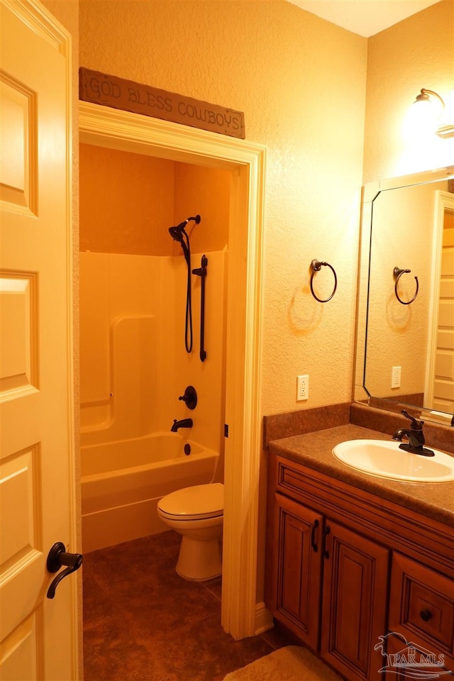 full bathroom featuring shower / tub combination, vanity, and toilet