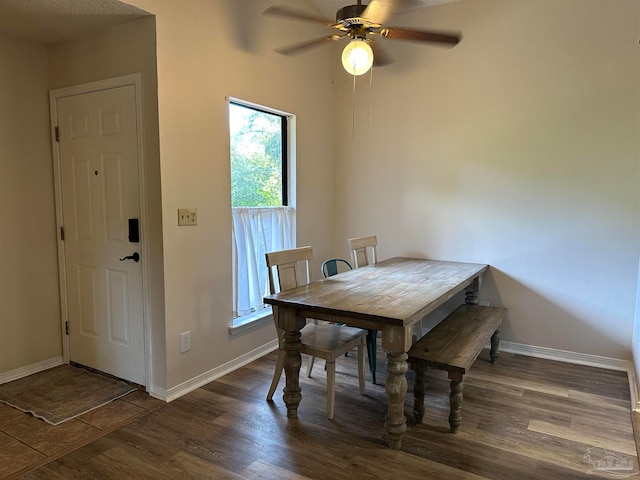 dining area with ceiling fan and dark wood-type flooring