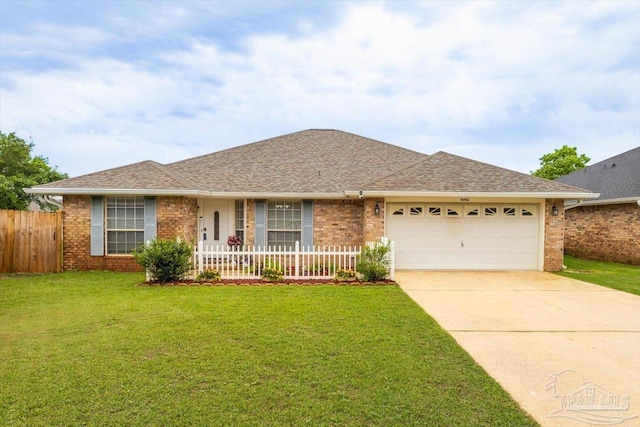 ranch-style home with brick siding, an attached garage, concrete driveway, and roof with shingles